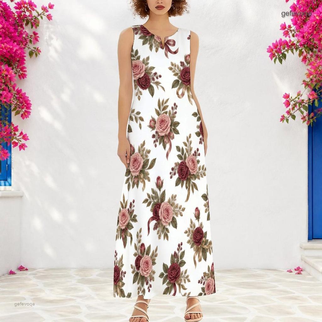 Women Plus Size Notch Neck Sleeveless Floral Printed A Line White Maxi Dress
