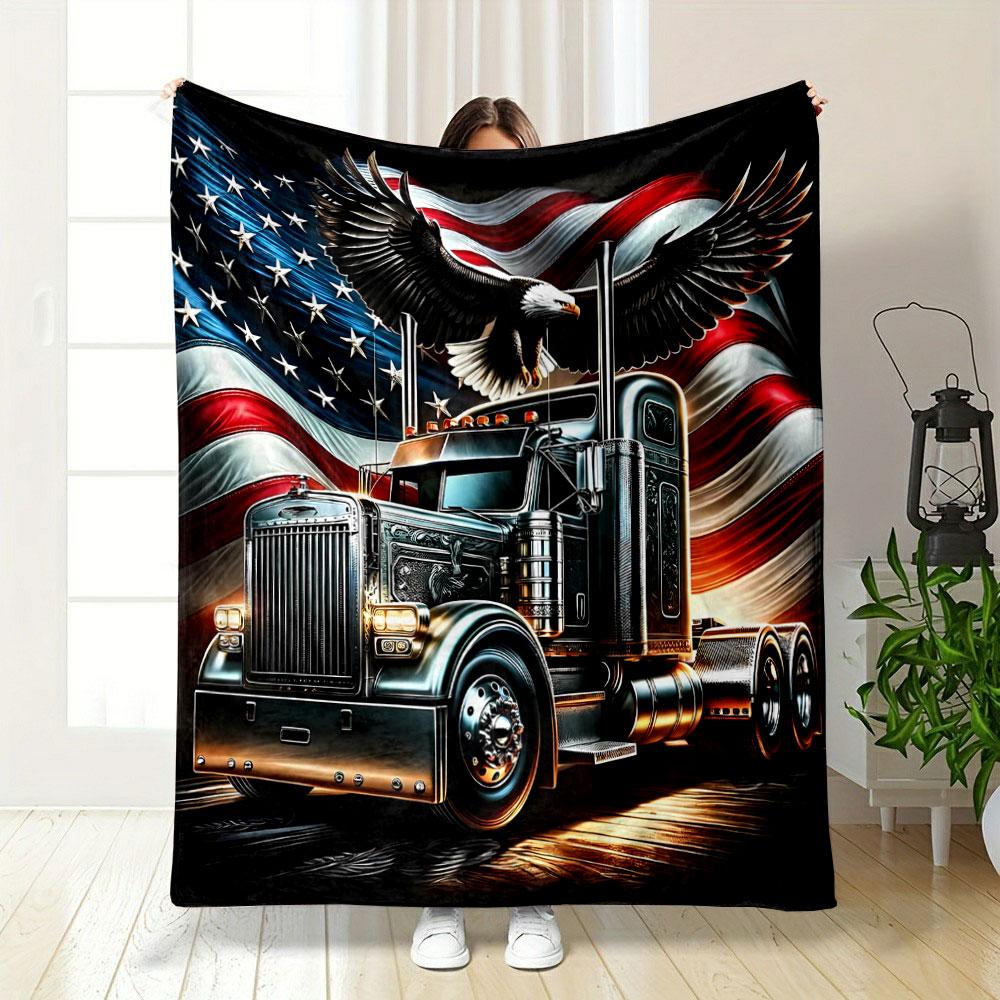 Bald Eagle Semi Truck USA Flag Blanket Bedroom Blanket for Livingroom Couch Lunch Break Soft Throw for Friend's Festival Gift