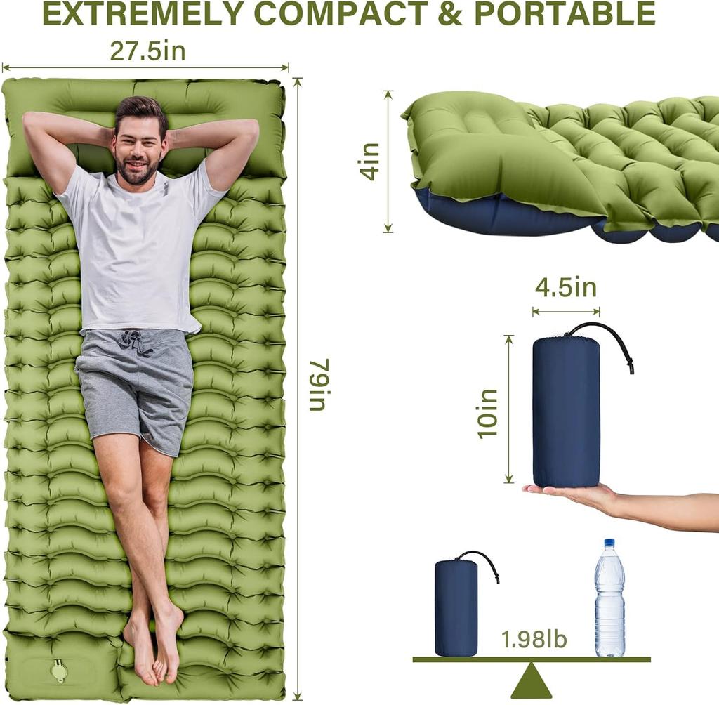 Outdoor Inflatable Mat Camping Ultralight Camping Mat Pillow with Foot Pump Inflatable Sleeping Mat Compact Camping Backpack Trekking Tent Mat,