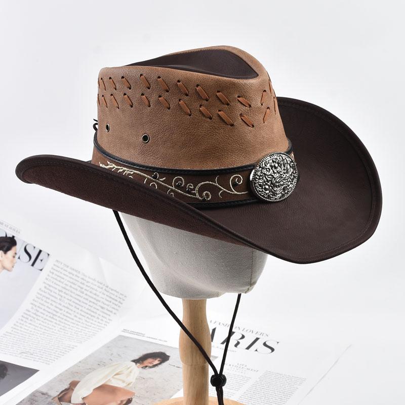 Unisex 100% Leather Western Cowboy Hat Vintage Gentleman Jazz Hats For Men Panama Cowgirl Hat