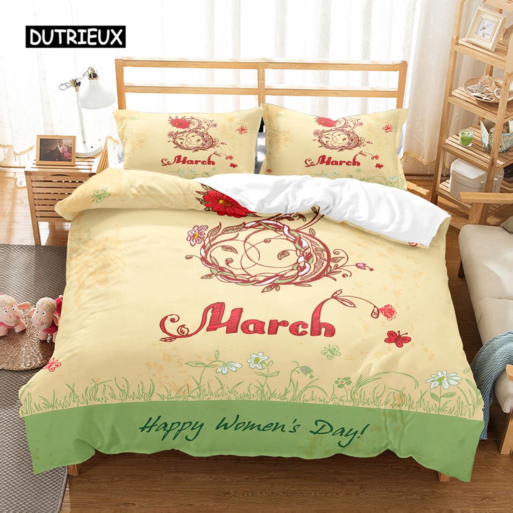 Romantisches Blumendesign Bettbezug-Set Alles Gute zum Frauentag Bettwäsche-Set Polyester 8. März Bettdeckenbezug Einzel- King-Size Für Mutter Geschenk
