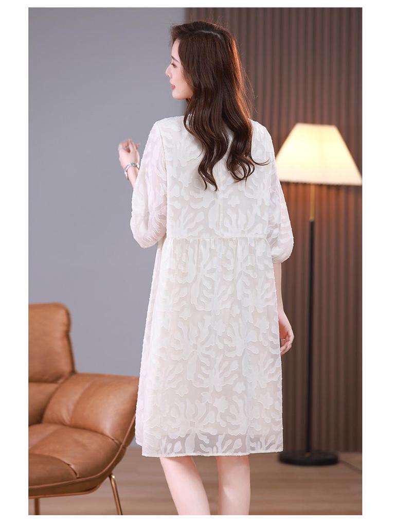 Summer Plus-Size Chiffon Puff Sleeve Lace Dress - High-End 2025 Collection