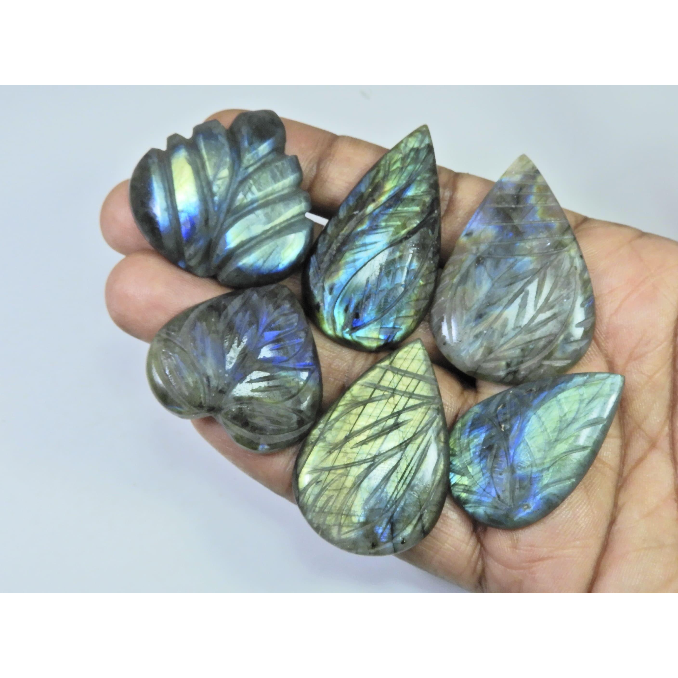 318Cts. Natural Labradorite Carving Pear Cabochon Loose Gemstone 06 Pcs Lot LL-1152