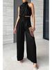 Damen Ärmelloses Stehkragen Crop Top & Weitbein Hose Set