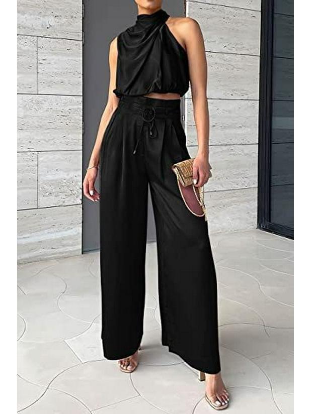 Damen Ärmelloses Stehkragen Crop Top & Weitbein Hose Set