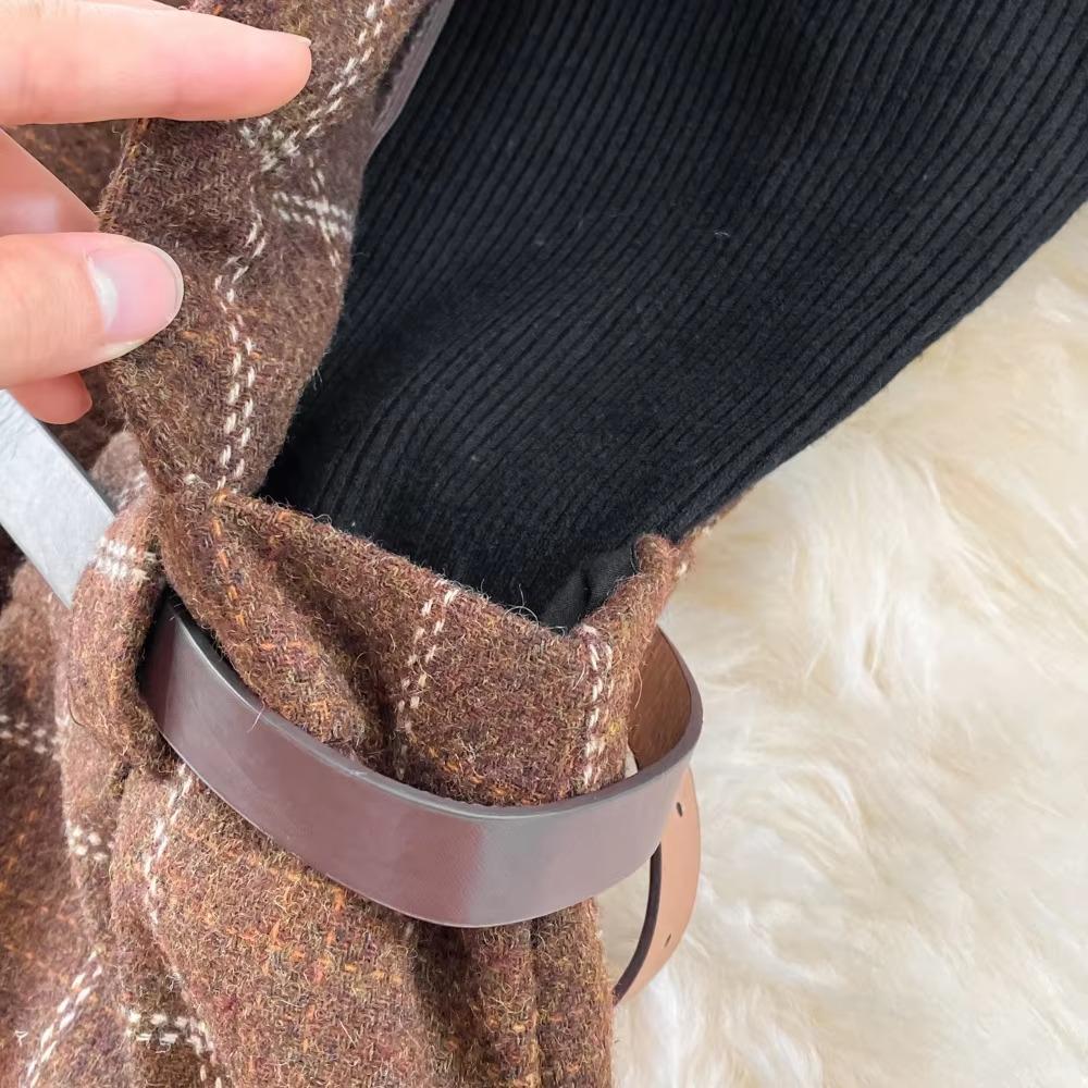 Dvoudílné šaty s kostkovaným páskem Dámské podzimní zima se stojáčkem pletený top s dlouhým rukávem Vlněné šaty ve vintage stylu Sladké šaty do A