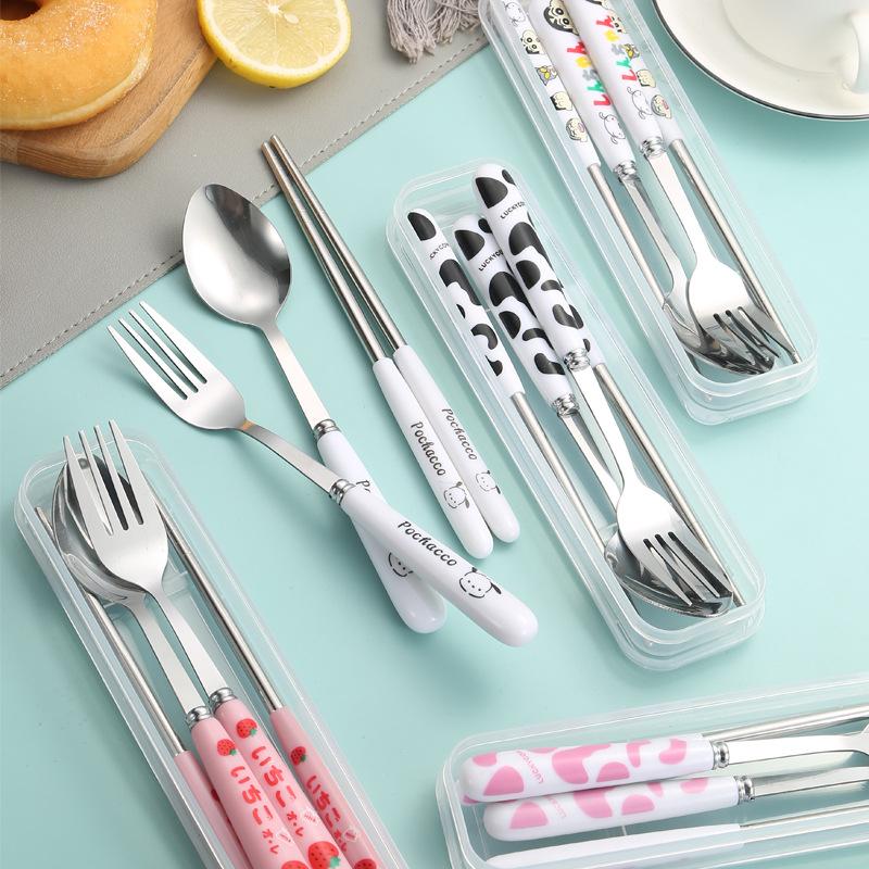 Ensemble de couverts portables en acier inoxydable, fourchettes, cuillères, baguettes, vache de dessin animé fraise, couverts de pique-nique en plein air, ustensiles de cuisine