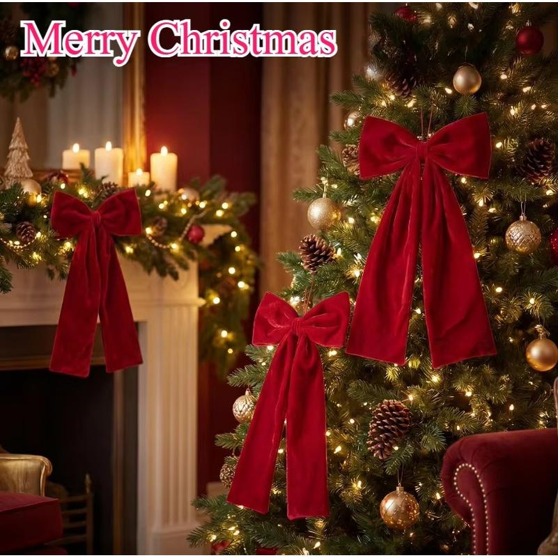 Christmas Bowknot Pendant Hanging Xmas Ornament DIY Home Party Christmas Tree Decorations Velvet Bow Burgundy Style Supplies