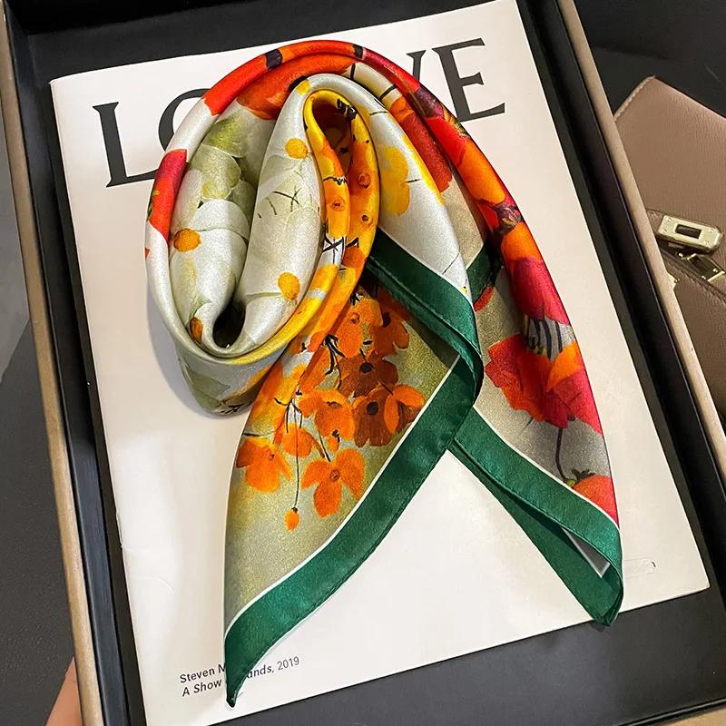 Flower 100% Real Silk Scarf Women Small Luxury Brand Handkerchiefs Hair Ribbon Headband Design Square Neckerchief Female Bandana