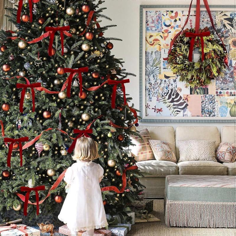 Nœuds Velours Rouge pour Décorations d'Arbre de Noël Guirlande avec Attaches torsadées 12 pièces