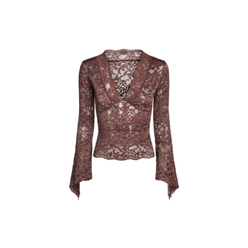 

Iamgia Fashion Сексуальный прозрачный Сексуальный стиль Чистое желание V-образный вырез Вырез Кружево Рукав-колокол Прозрачные Облегающие топы Brown XS