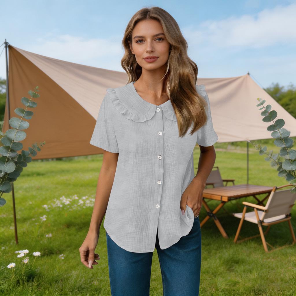 Women Summer Short Sleeve Shirt Dress Style Blouse Ruffle Collar Button Front Closure Casual Loose Fit Textured Top