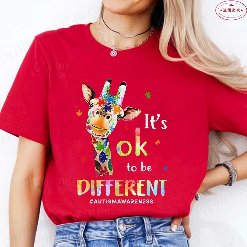 Je v pořádku být jiný Tričko s žirafou pro ženy Povědomí o autismu Akceptace Letní trička s krátkým rukávem Grafické Y2k topy