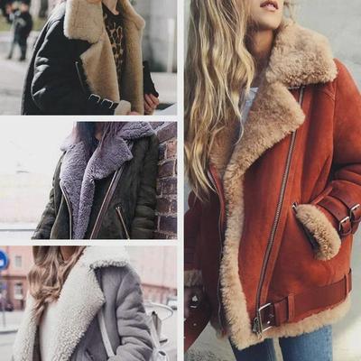 Women's Motorcycle Deerskin Lamb Wool Lapel Fur Cotton Coat