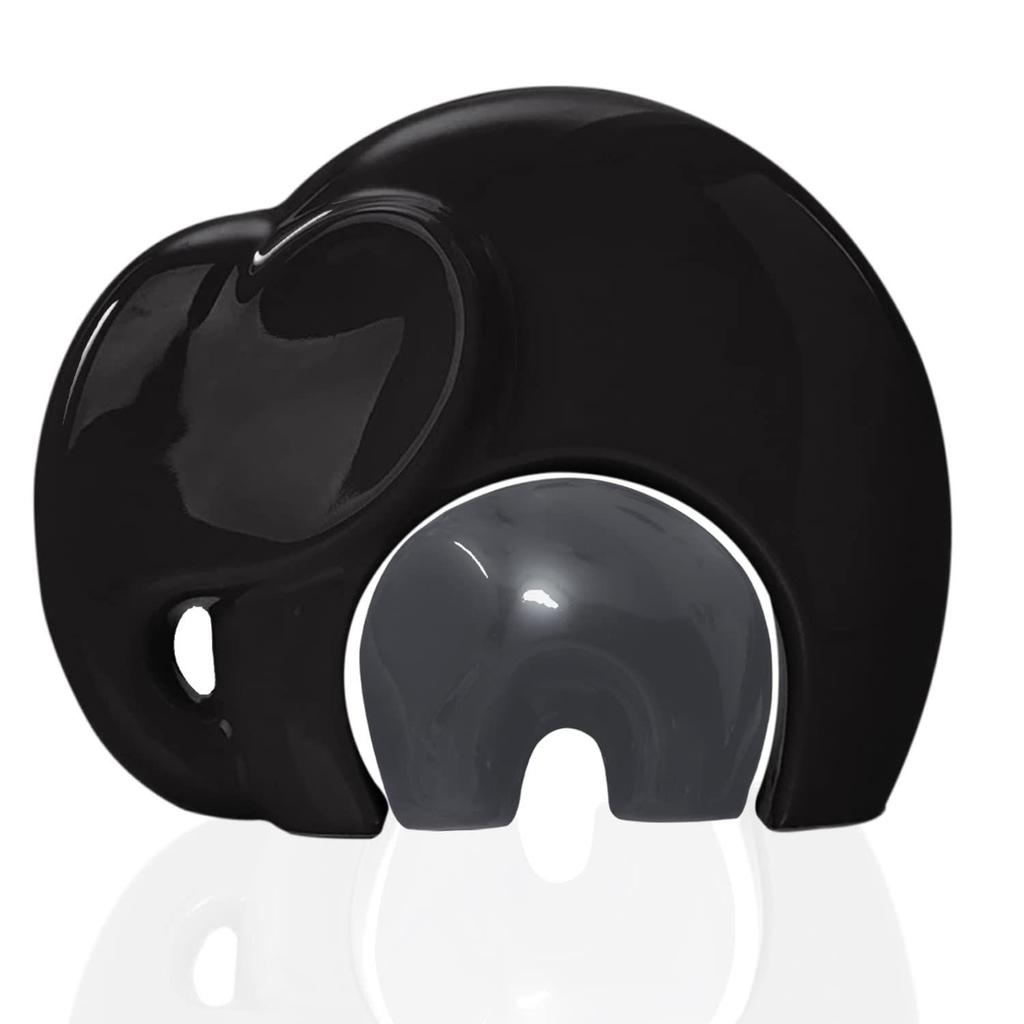 Home Décor Lucky Charm Elephant Mother & Child | Piano Finish Ceramic Figures - (Set of 2 Piece, Black and Grey)