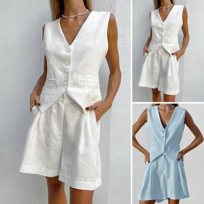 2Pcs/Set Women Vest Shorts Suit Summer V Neck Casual with Pocket Sleeveless Solid Color Ladies Waistcoat Top Shorts Kit Office Wear