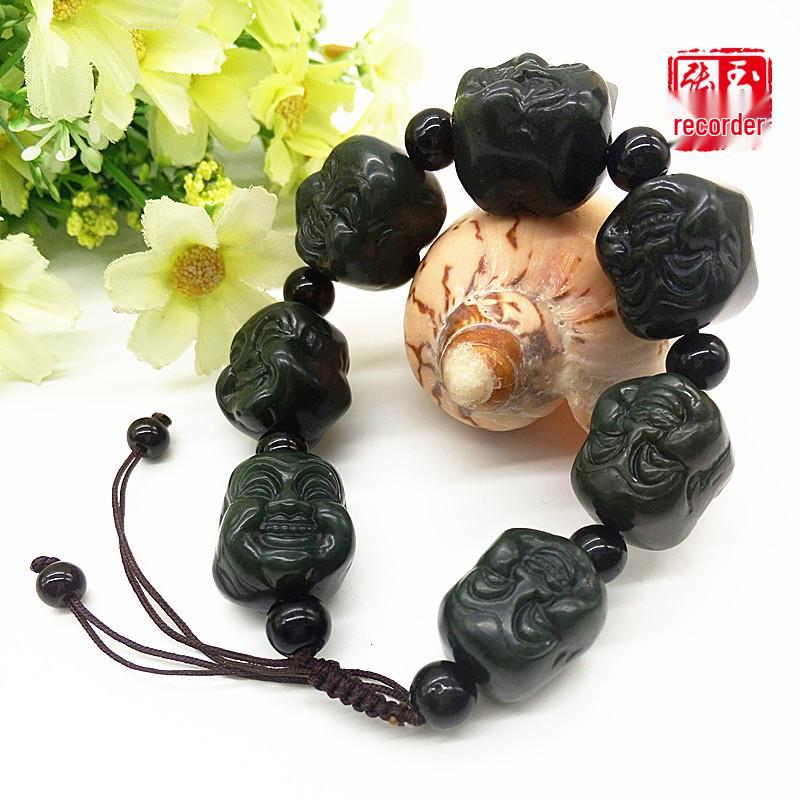 Certified Hetian Jade Double-Sided Buddha Head Prayer Beads Bracelet Ethnic Style
