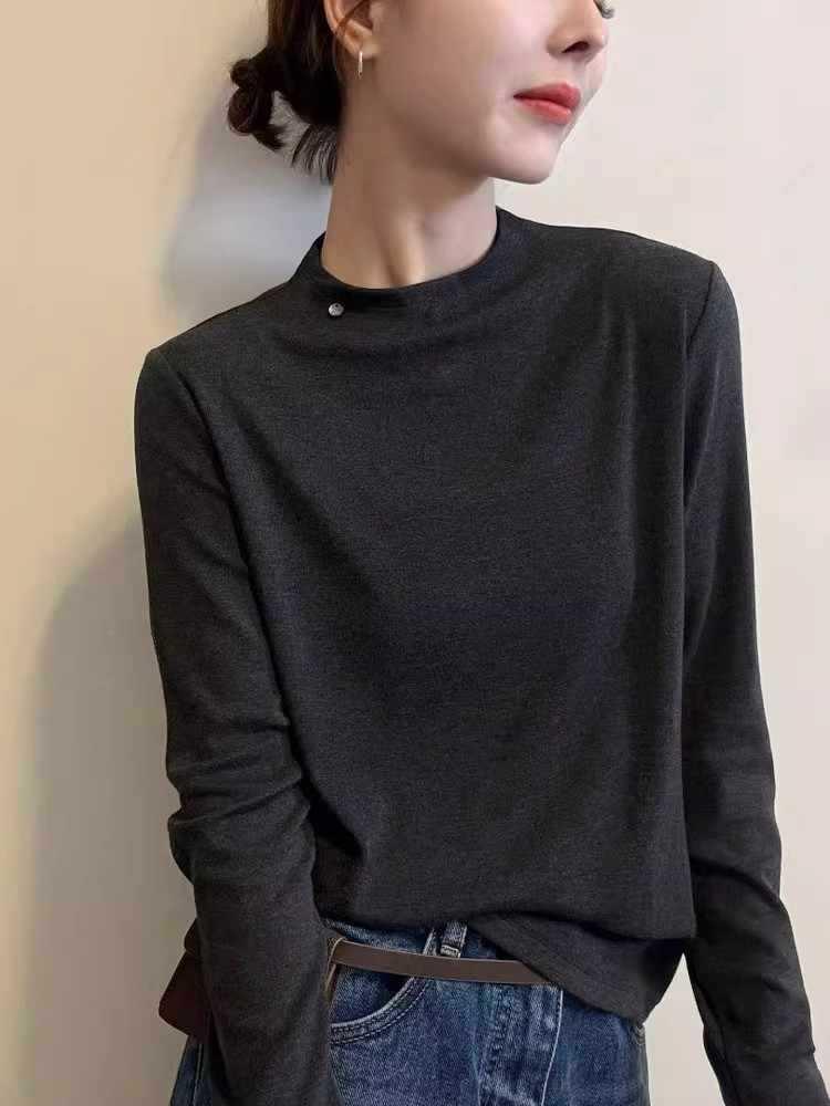 Women's Black Round Neck Loose Long Sleeve T-Shirt - Trendy Casual Base Layer for Spring/Autumn 2025.