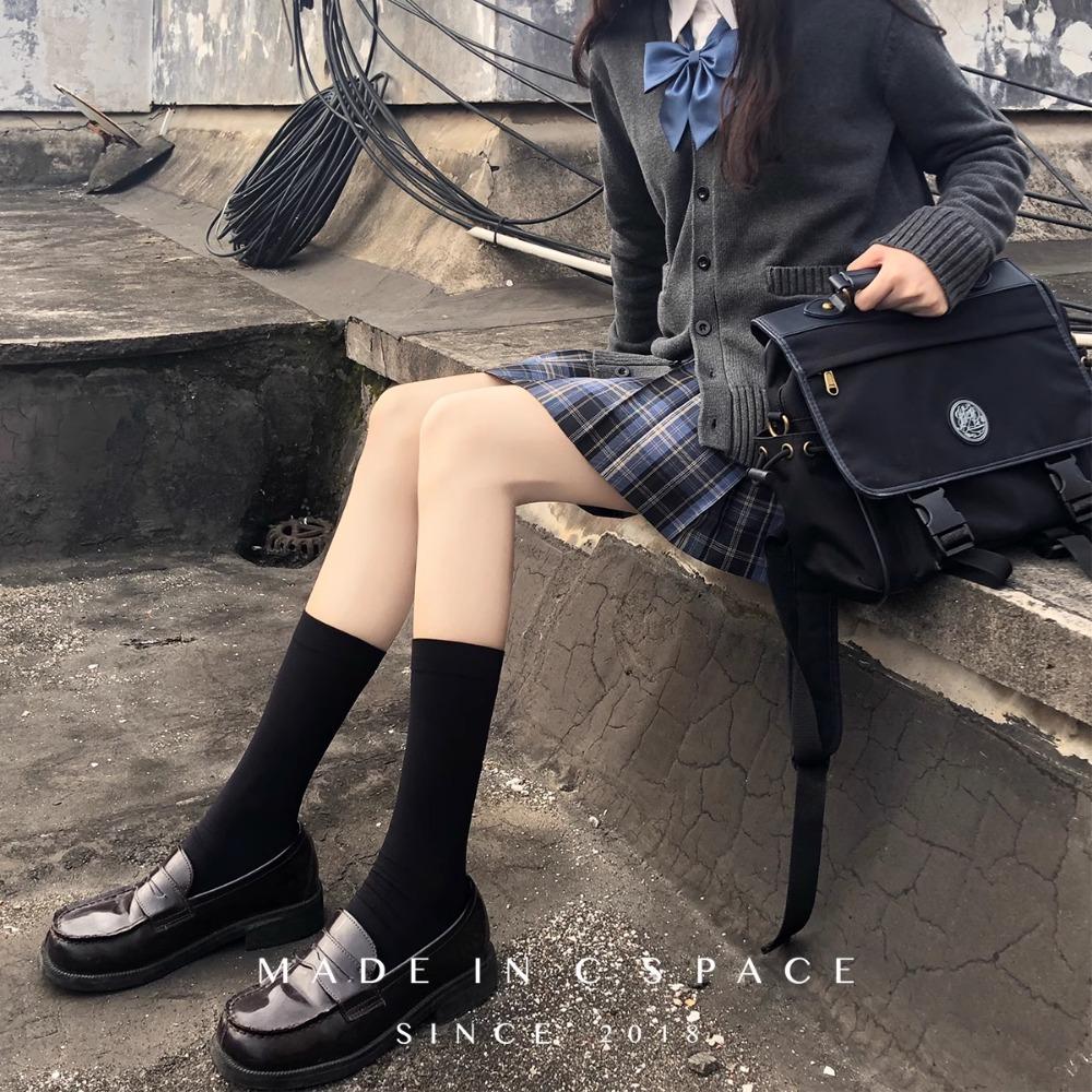 Samt-Wadenstrümpfe, Damen-Socken, dünne Beinstrümpfe, JK-Socken, schwarz, japanische mittelhohe und kniehohe Socken, Schlauchsocken