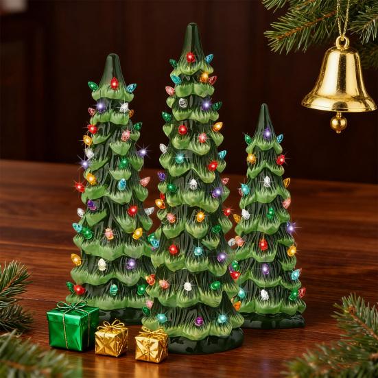 Pre-lit Hand-Painted Resin Tabletop Christmas Tree Small Light Up Holiday Tree Decoration for Home Party Decor