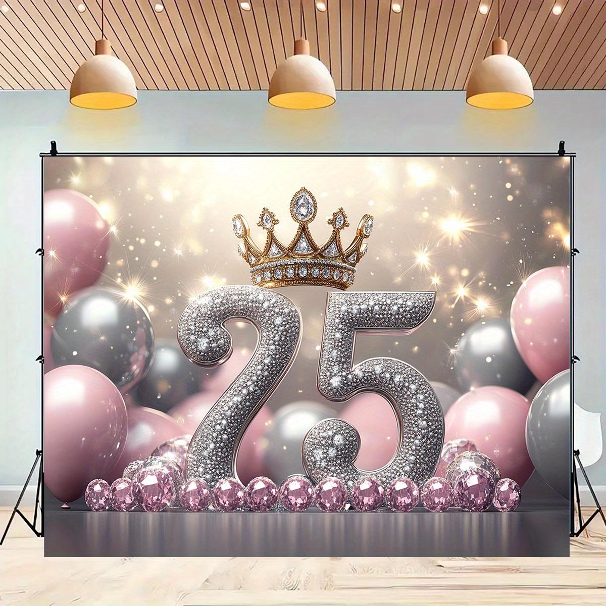 1pc Shiny 25th Birthday party background board - Shiny crown and balloon design birthday party decoration 100x150cm