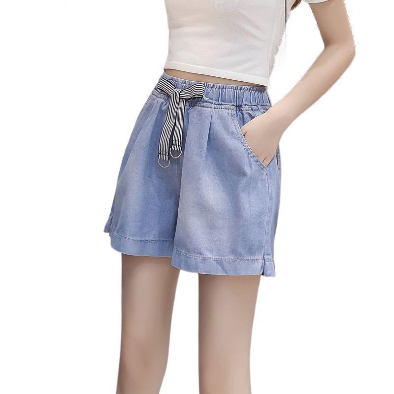 2026 Summer Women's Plus Size Elastic High-Waist Loose Wide-Leg Denim Shorts with Lace-Up