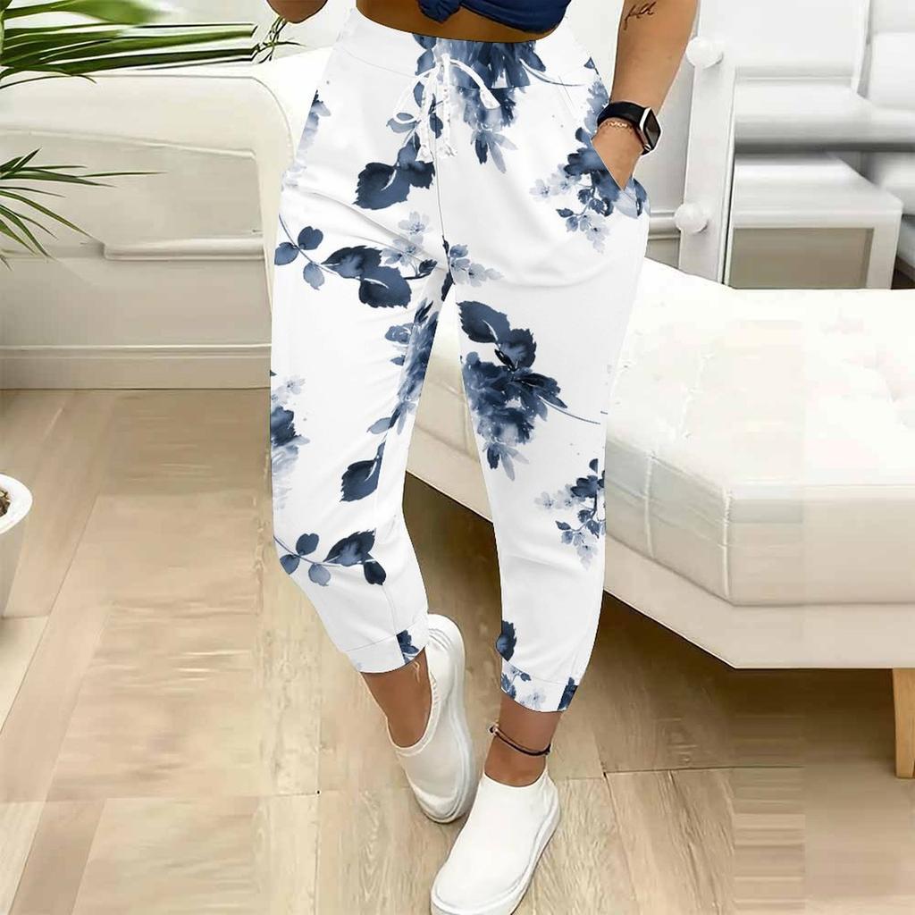 Summer Ladies Level Printed Sweatpants Loose Fit Drawstring Joggers Elastic Cuff Daily Casual Pants