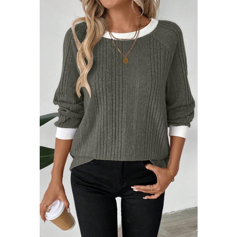 Women Color Block Crew Neck Ribbed Knit Sweater Solid Pink Raglan Long Sleeve Casual Top