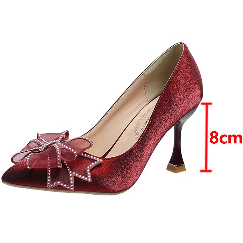 fashion Rimocy Rhinestone Bowtie Pointed Toe Women's Pumps 2024 New Spring Satin Bridal Wedding Shoes Shallow Woman Pumps Stiletto Red