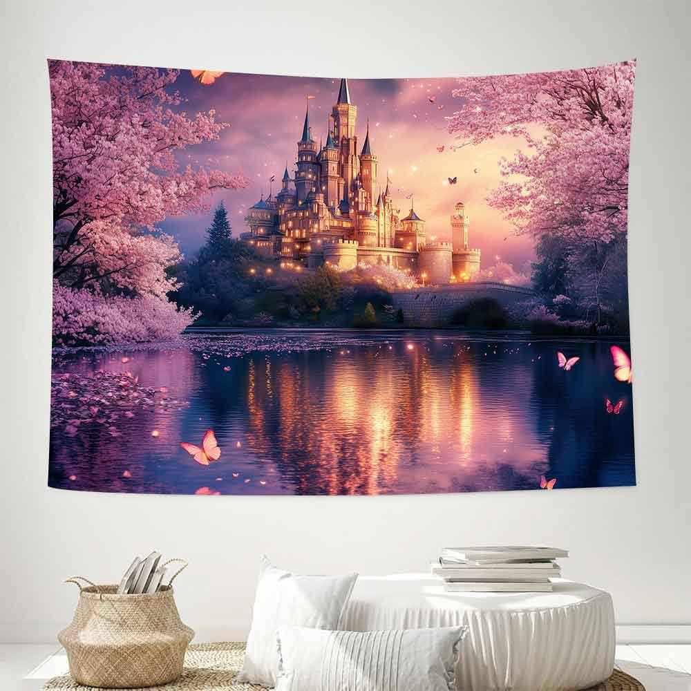 VIKAMA Traumschloss Wandteppich Rosa Kirschblüte Wandbehang für Kinderzimmer Wohnzimmer und Schlafsäle