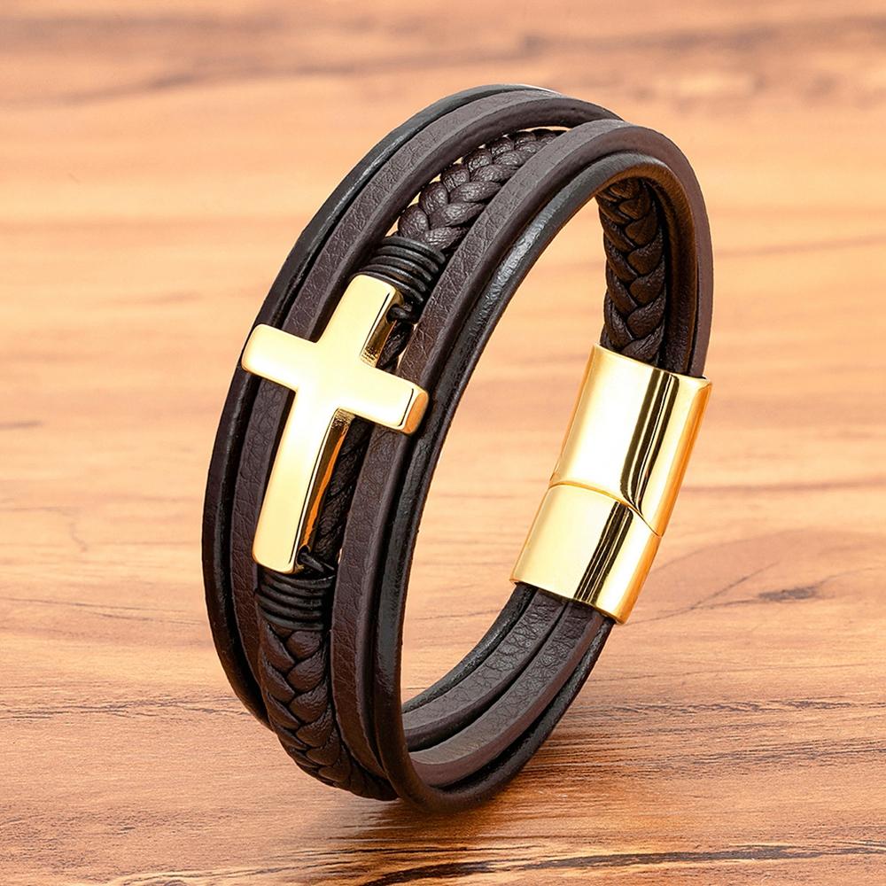 Punk Cross Design Leather Bracelet Classic Stainless Steel Men's Bangles Jewelry Luxury Multicolor Handsome Christmas Gifts