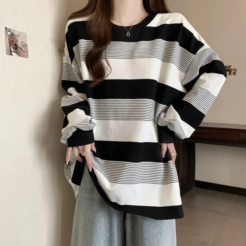 

American Retro Striped Sweatshirt New Spring and Autumn Long-sleeved Loose and Versatile Top 2XL білий