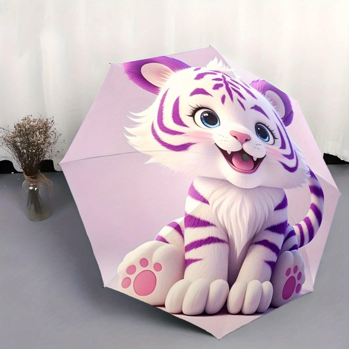 Automatic Folding Umbrella Cartoon White Tiger with Pink and Purple Stripes, Portable Collapsible Design, Casual Outdoor Acces (as the picture,Iron&8K)