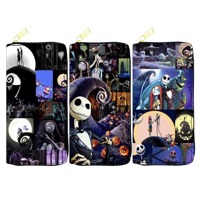 Nightmare Before Christmas PU Leather Long Zip Wallet for Women, Single Zipper Clutch Bag, Makeup Pouch, Jack Skellington Print, Black 3pcs
