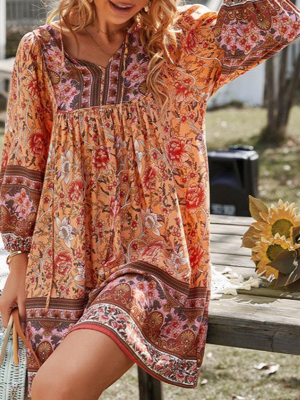 Women's Long Sleeve V-Neck Lace-Up Bohemian Print Dress