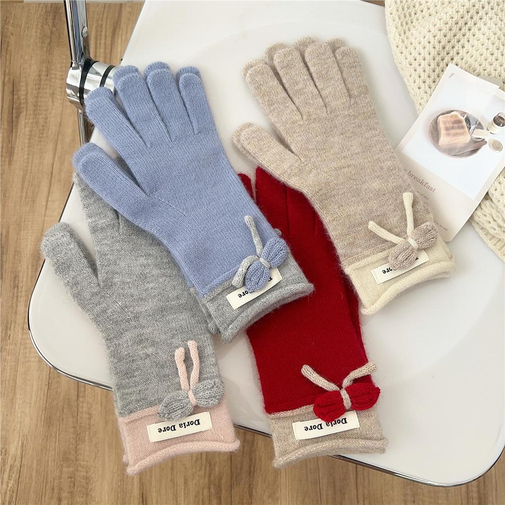 Bow Gloves for Women In Winter Korean Style Versatile Student Cute Five Finger Wool Knitted Couple Men Warm Riding