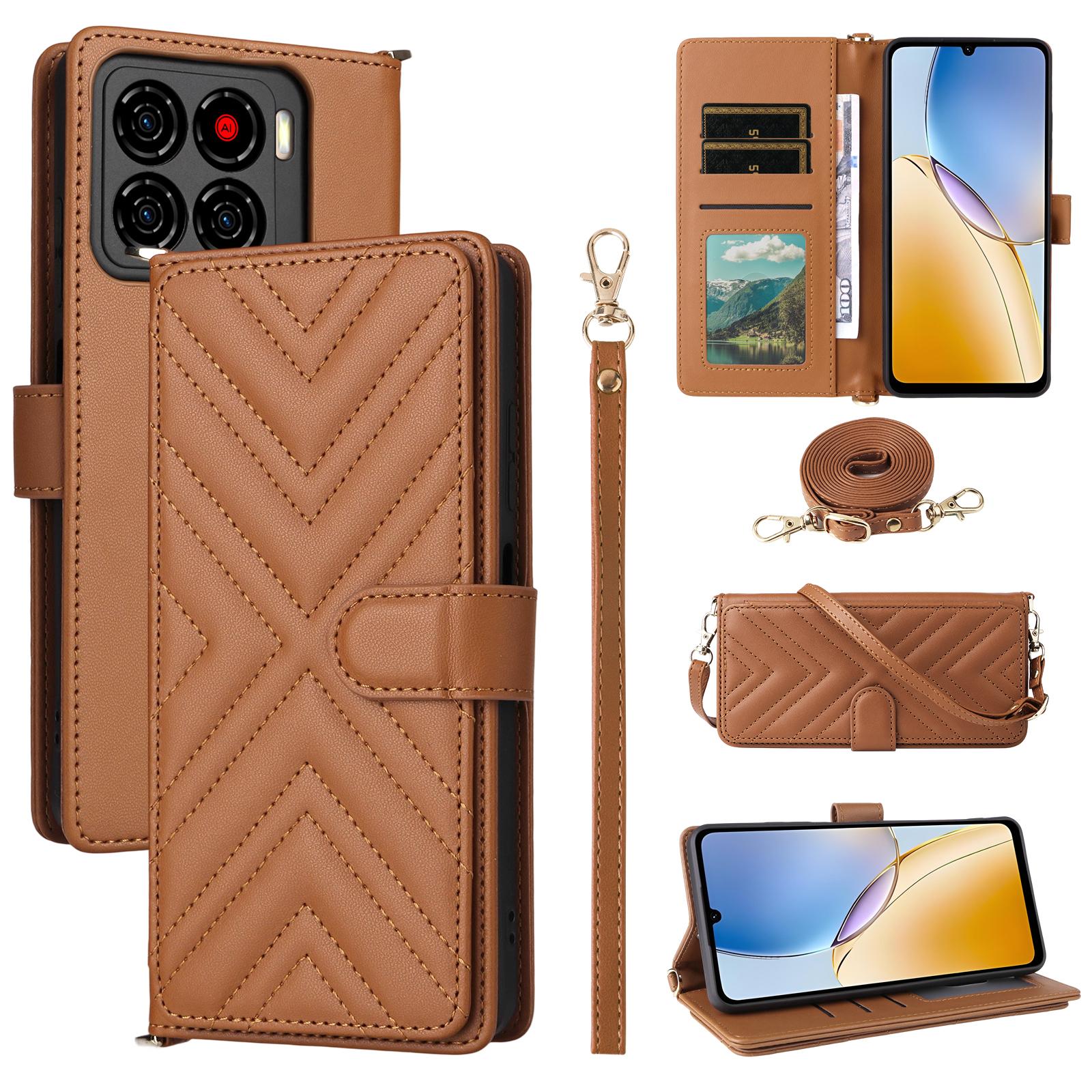 

For ZTE Blade A56 Case with Shoulder/Wrist Strap Leather Phone Cover Stand Wallet Brown