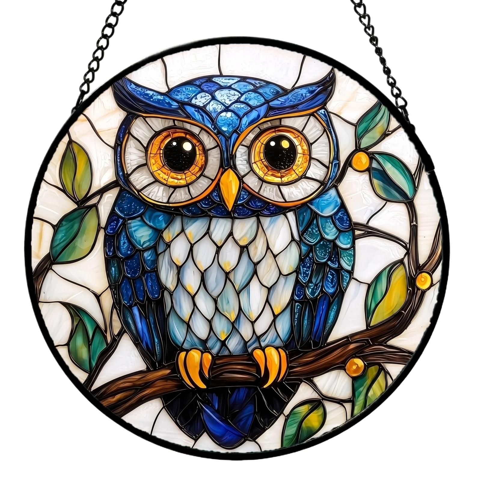 

Round Acrylic Sun Catcher Window Hanging Decoration Featuring Owl Design with Branch and Leaf Pattern for Home and Garden Display one size