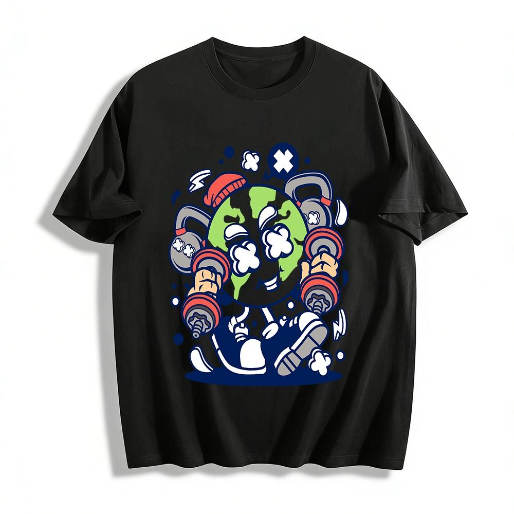 Funny Fitness Earth Lifting Dumbbells Graphic Print T-Shirt Pure cotton T-shirt XXS