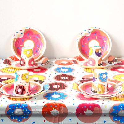 Donut Party Disposable Tableware Paper Plate Cup Napkins Donut Theme Kids 1st Birthday Party Decoration Baby Shower Supplies