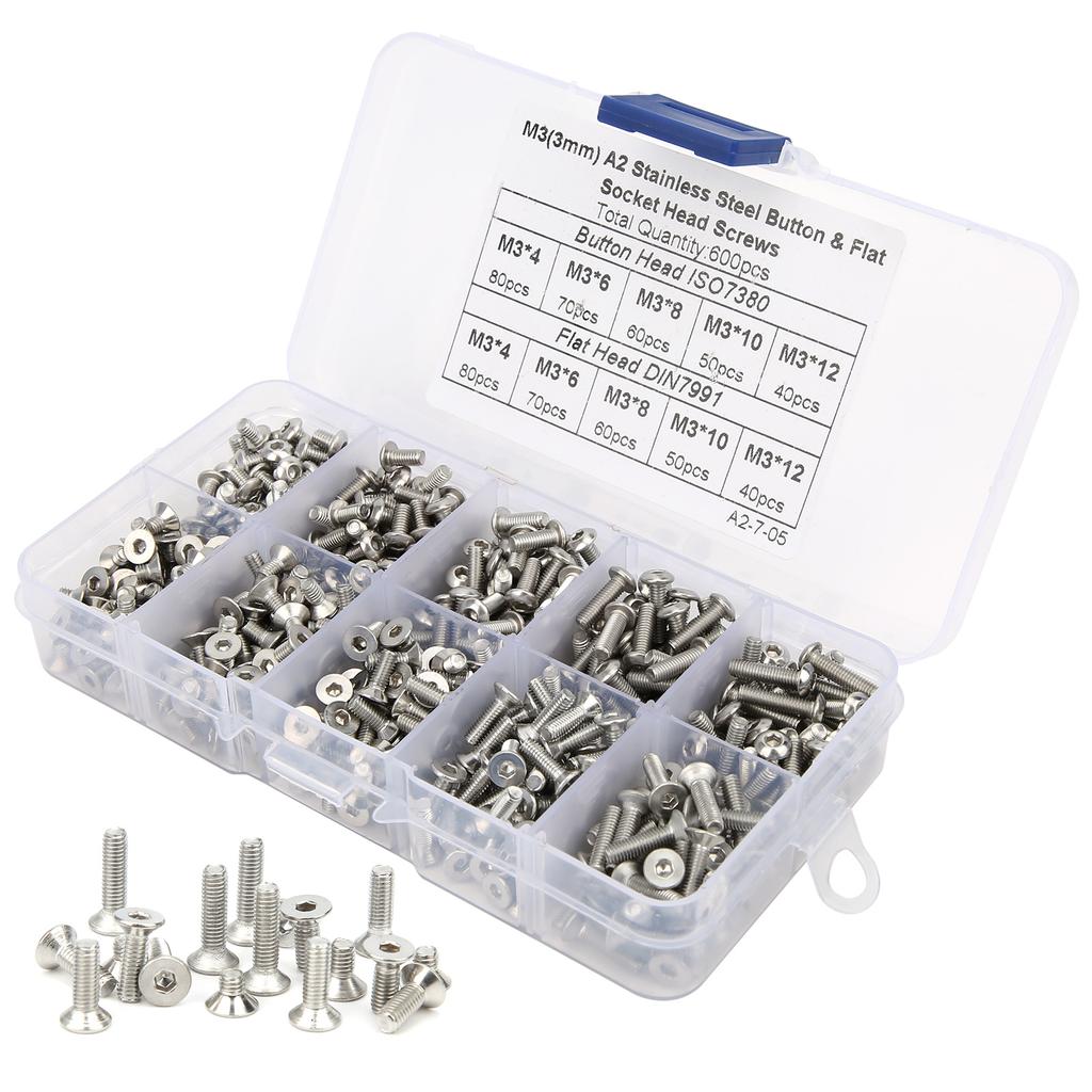 600Pcs Hex Screw Set 304 Stainless Steel PanFlat Head Boxed Hardware Accessories