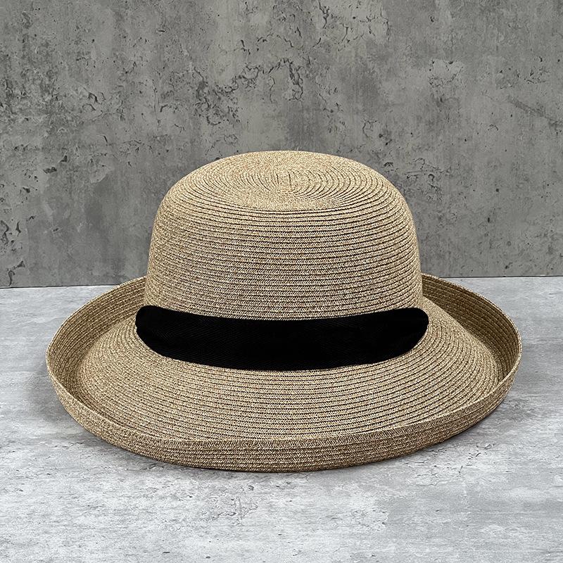 Japanese Straw Hat Women'S Foldable Sunscreen Hat Crimped Basin Hat Bucket Hat Sun Hat Summer Hat Long Strap