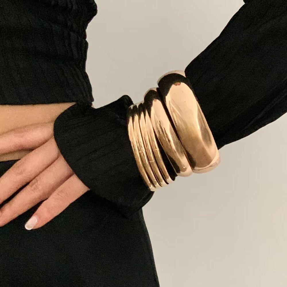 3/4/6/8Pcs Chunky Exaggerated Cuff Bracelet Multilayer Smooth Bracelet Set Female Lady Girl