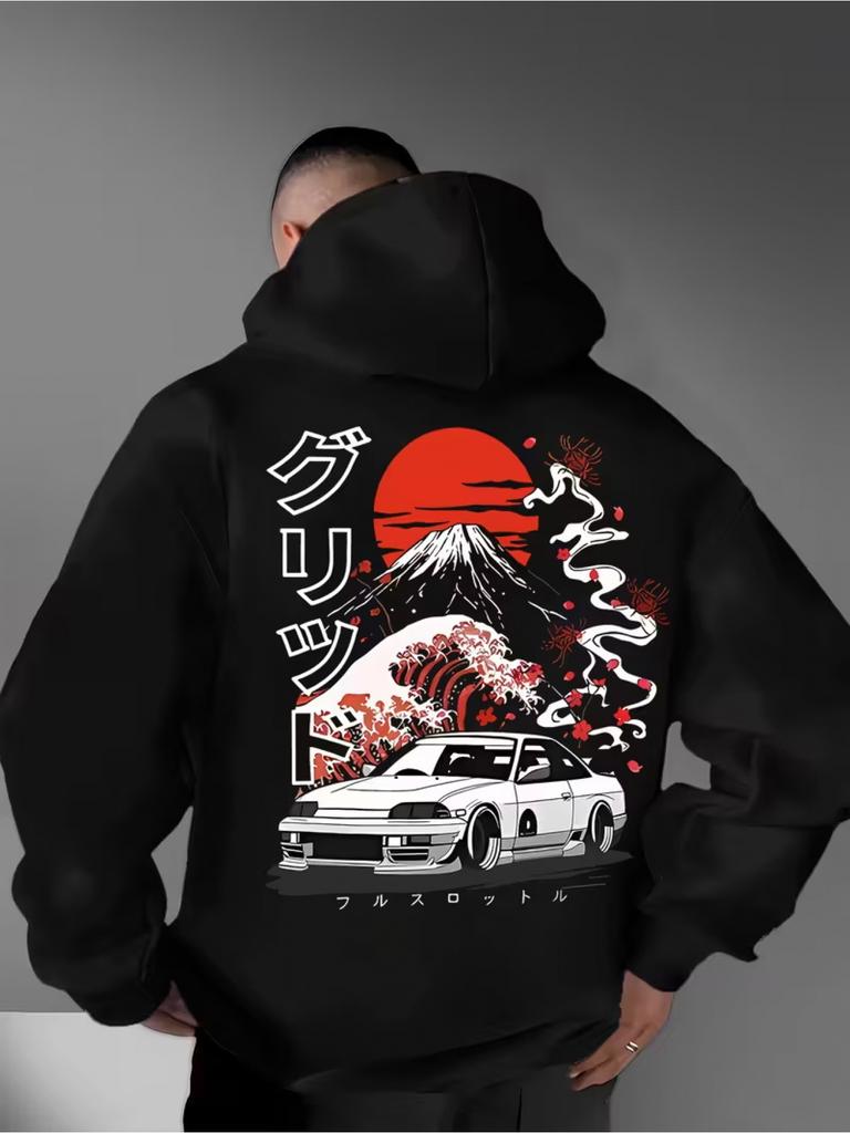 Herren Casual Mode Japanisches Auto Thema Berg Element Druck Herbst/Winter Kapuzenpullover Langarm Pullover