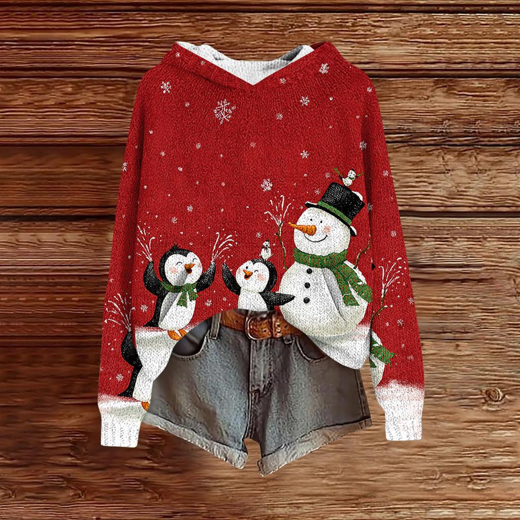 Women's Fashion Casual Long Sleeve Christmas Print Hooded Knitted Sweatshirt