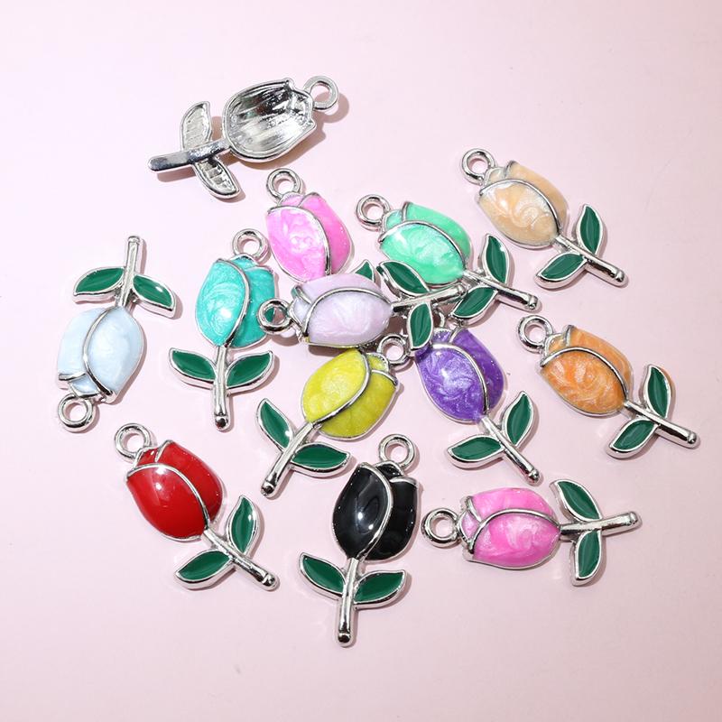 20pcs 21x10mm Enamel Rose Bud Flower Charms Pendant Alloy Metal DIY Jewelry Making Accessories Findings for Necklace Earrings