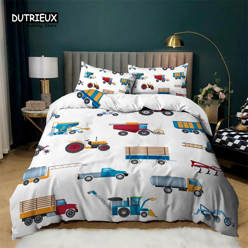 Boys Cartoon Car Duvet Cover Twin King Kids Construction Vehicles Bedding Set Microfiber Cartoon Machinery Truck Comforter Cover