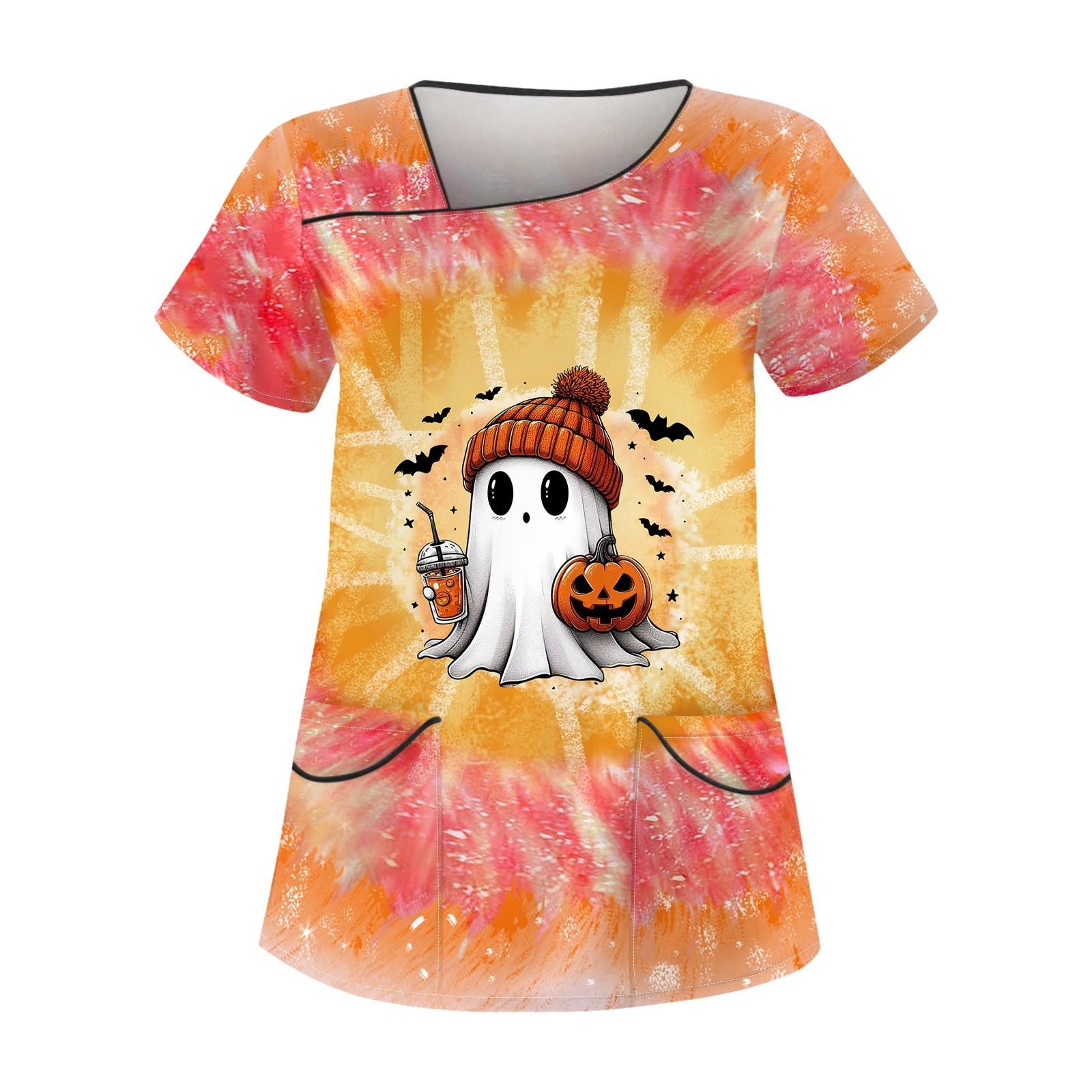 

Женская рабочая одежда с принтом на Хэллоуин, косым воротником и двухслойными карманами, базовые топы, пуловер XXXL жёлтый