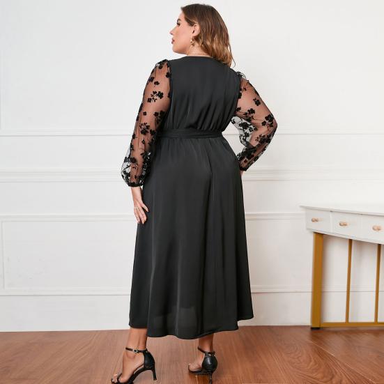 Women Gown Dress V-neck Embroidered Lace Mesh Long Sleeves Midi Dress High Waist Wrap Dress with Belt