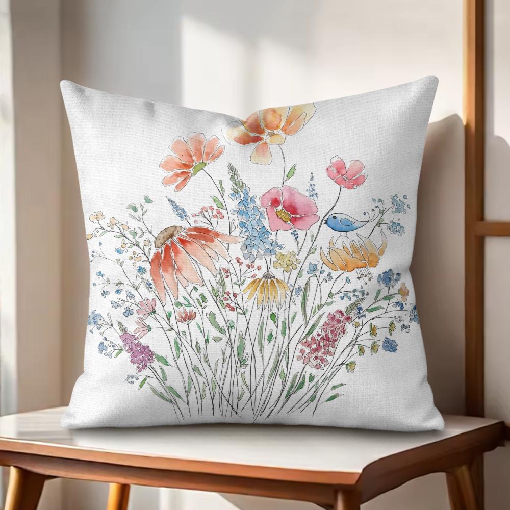 Spring Flowers Cushion Cover Natural Linen Organic Fabric DoubleSided Printing Couch Pillow Covers Home Decor